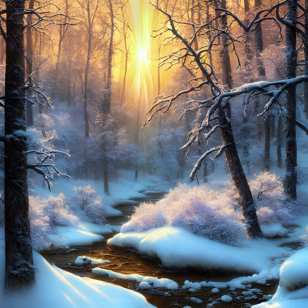 Serene snow-covered forest at sunrise with meandering stream