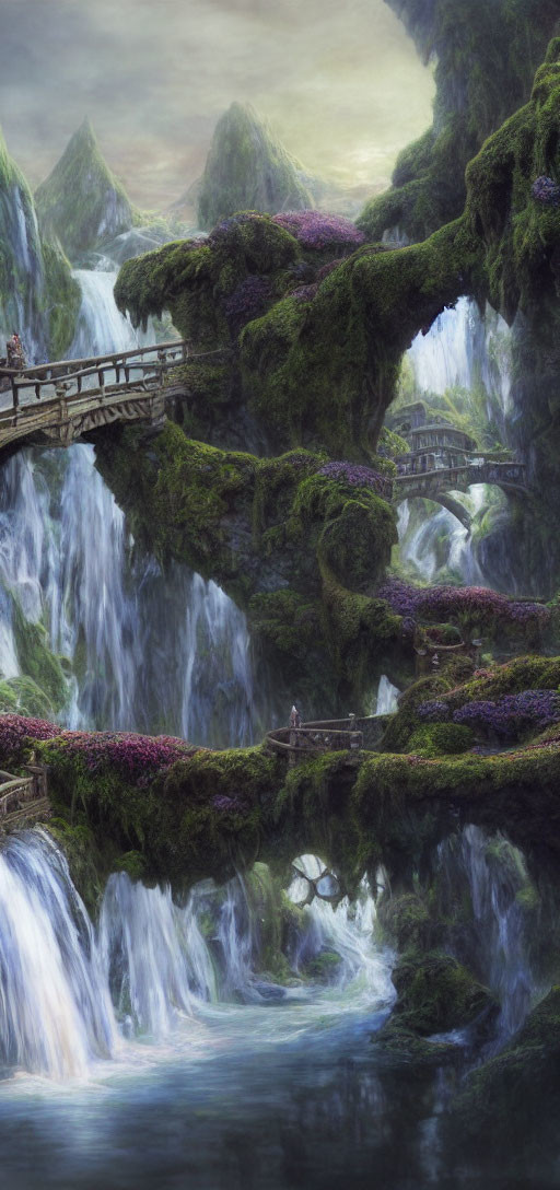 Ethereal landscape with cascading waterfalls, greenery, and wooden bridges