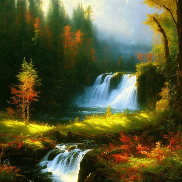 Tranquil forest waterfall in autumn sunlight