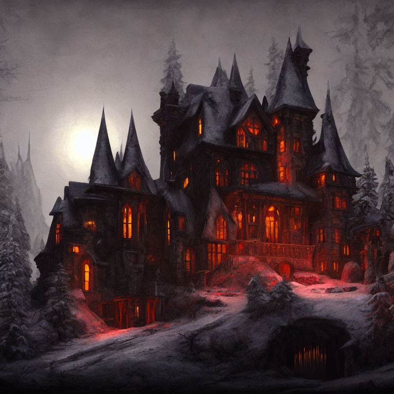 Gothic mansion with illuminated windows in snowy landscape under full moon