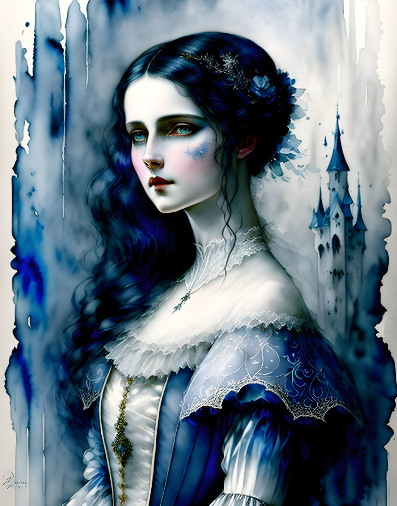 Pale woman in Victorian dress with blue floral accents in gothic fantasy setting