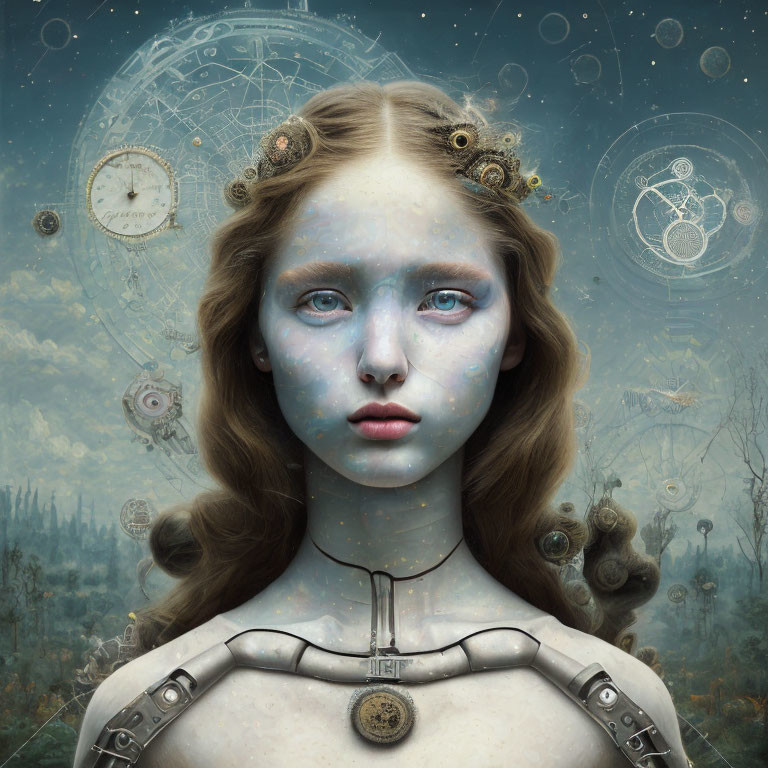 Surreal portrait of female figure with mechanical body parts in celestial-themed setting