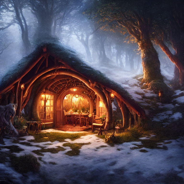 Enchanted snowy forest scene with cozy hobbit-style house