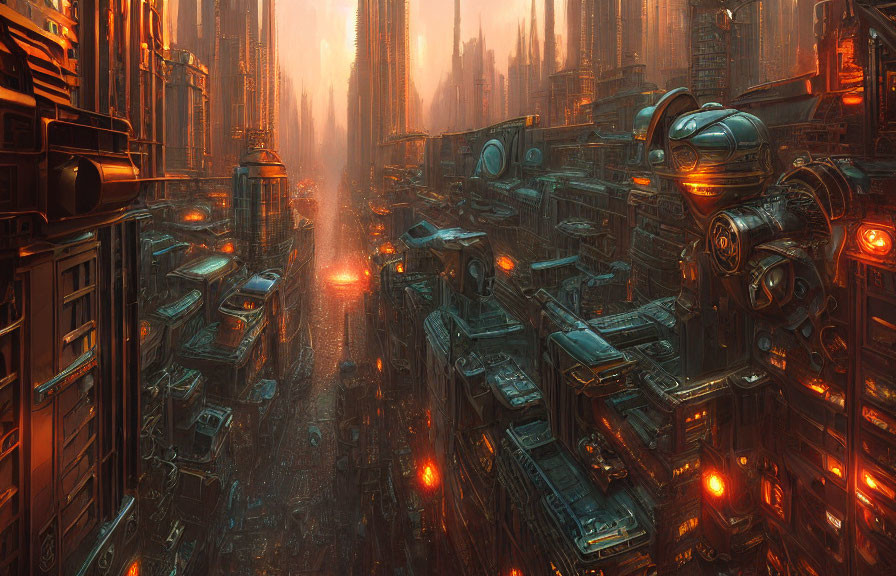 Dystopian cityscape with towering skyscrapers and futuristic vehicles