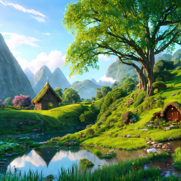 Fantasy landscape with thatched-roof cottages, tree, mountains, and pond