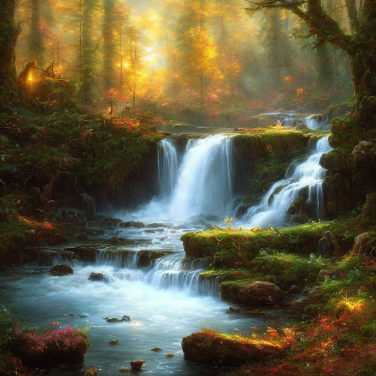 Tranquil forest scene with waterfall and sunbeams