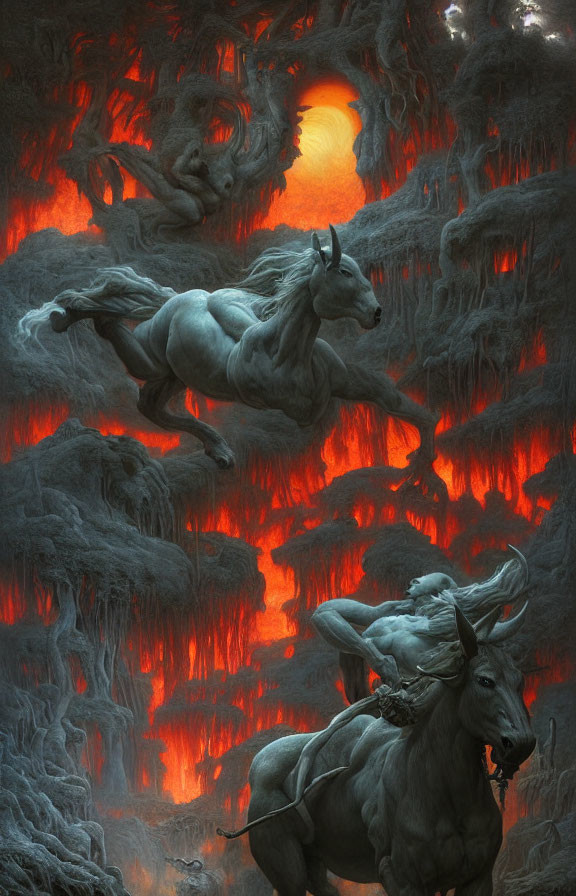 Ethereal horses in fiery landscape with twisted trees