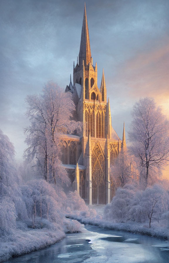 Majestic Gothic church in frosty landscape with snow-covered trees and river at sunrise