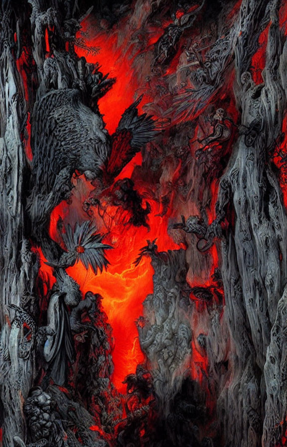 Dark fantasy scene with red glow, large bird, twisted tree-like structures