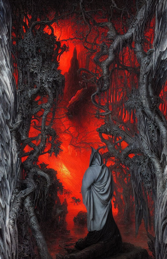 Mysterious cloaked figure in haunting forest under blood-red sky