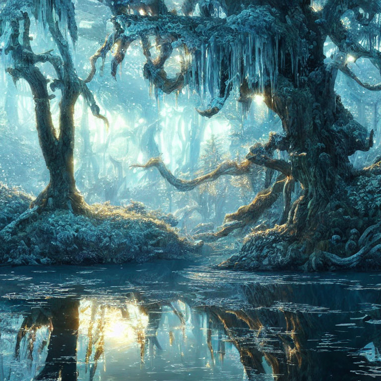 Ethereal forest scene with twisted trees, hanging moss, glowing lights, and reflective water under blue