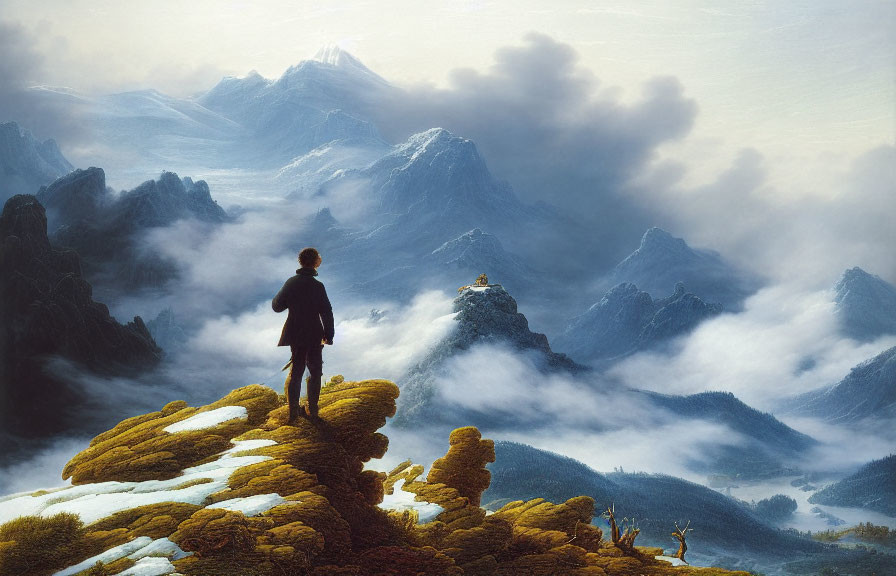 Person overlooking vast mountainous landscape with fog-filled valleys and distant peak under cloudy sky.