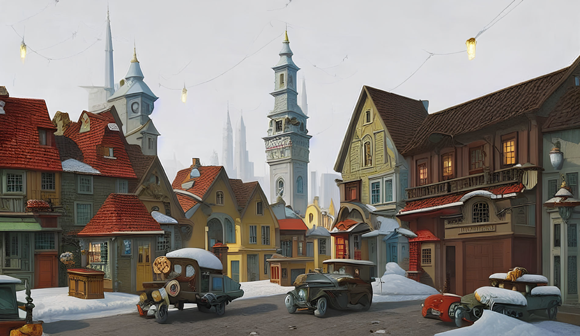 Colorful European-style village scene with vintage cars and tall spires