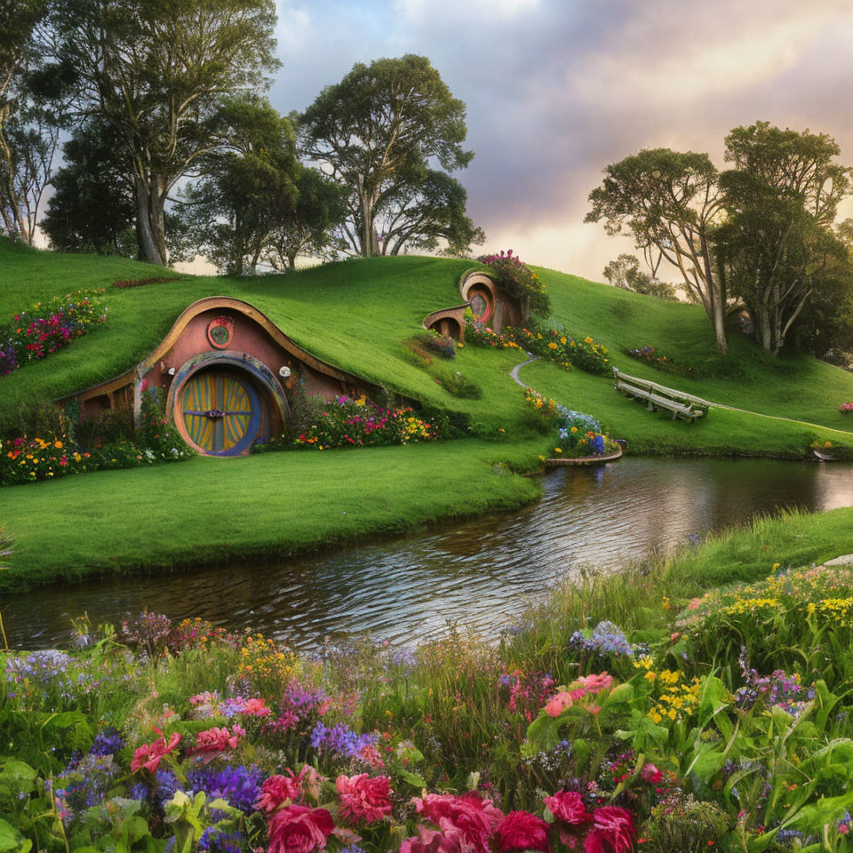 Lush Hobbiton landscape with vibrant flowers and quaint Hobbit-holes