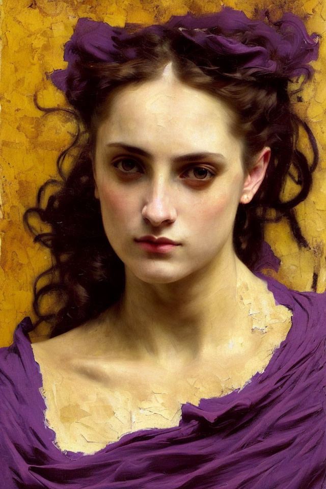 Classical portrait of woman with intense gaze and curly hair adorned with purple ribbons on yellow background