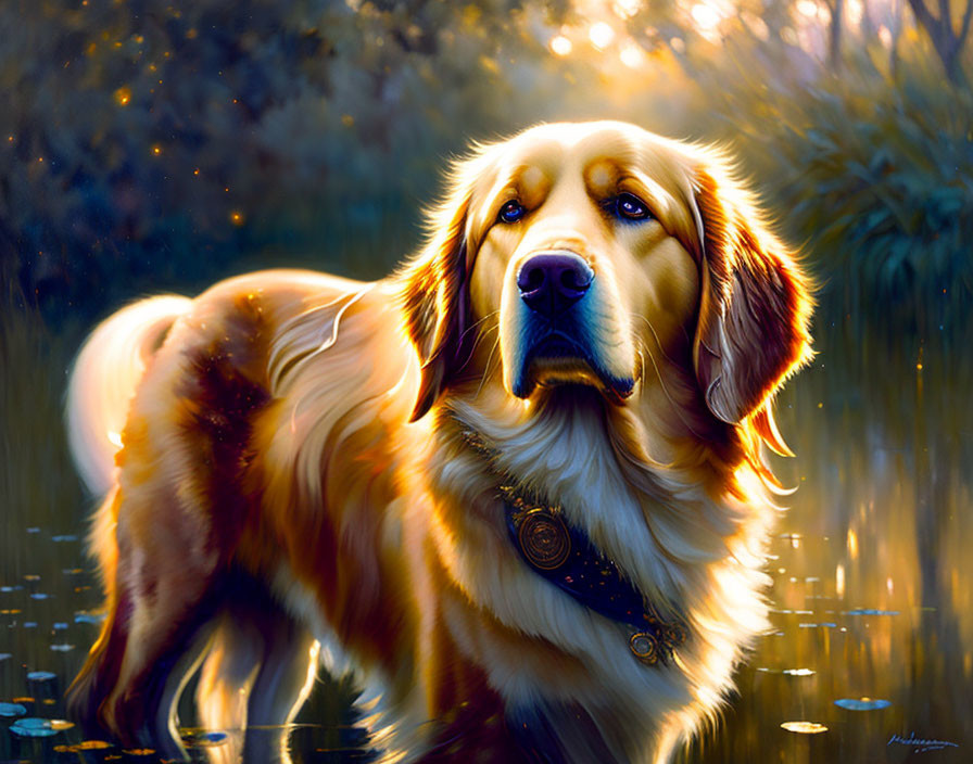 Golden Retriever in Water Surrounded by Lily Pads and Sunlight