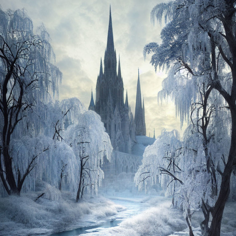 Gothic cathedral in frosty winter landscape