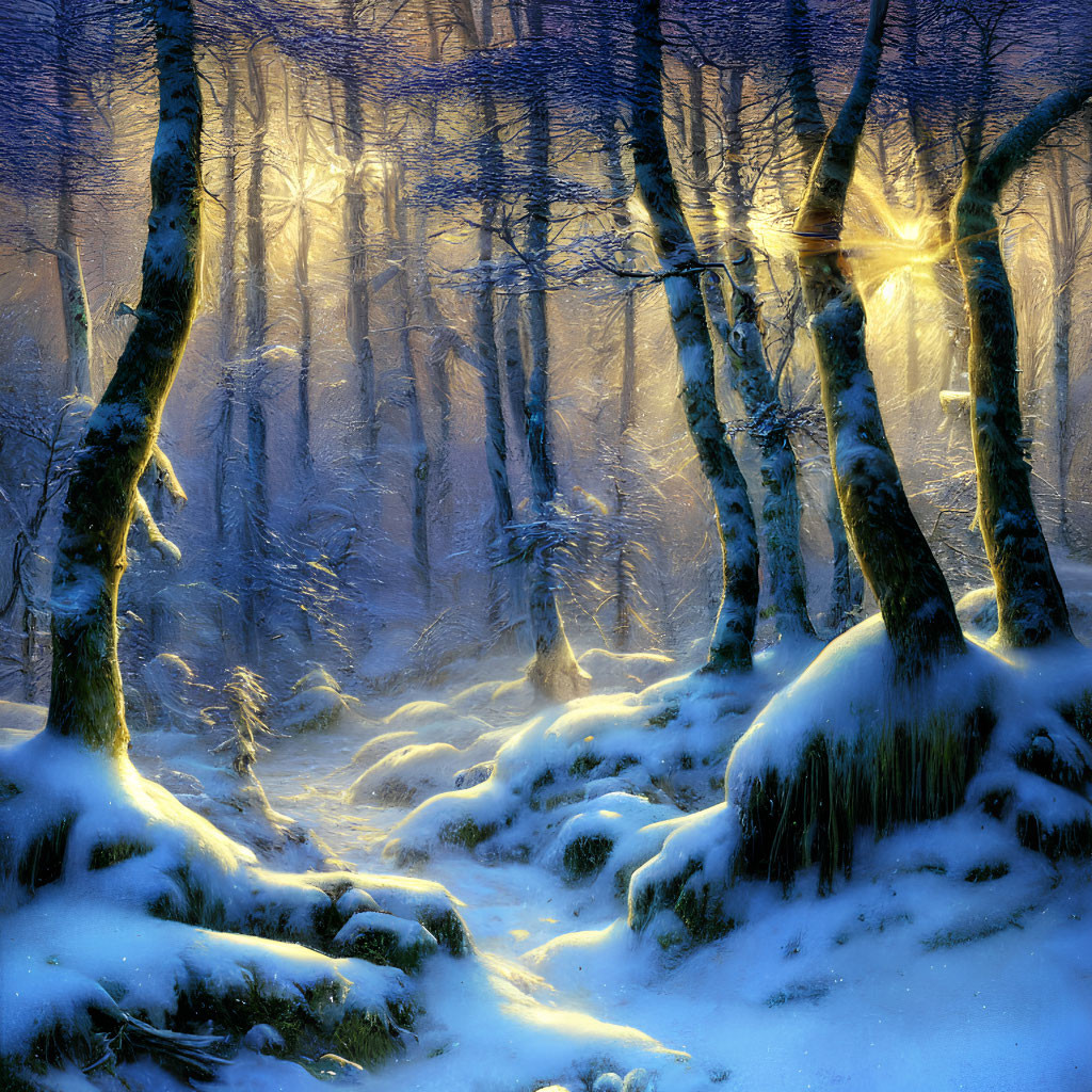 Snow-covered winter forest with sunbeams and ethereal glow