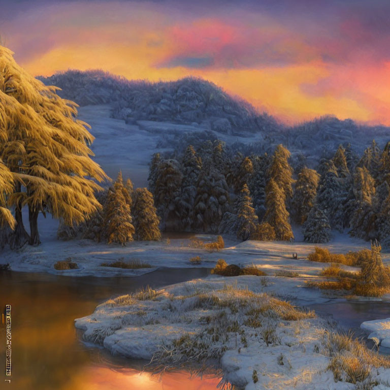 Snow-covered pine trees and frozen river in serene winter landscape.