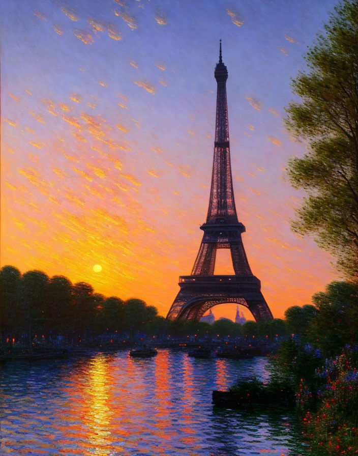 Eiffel Tower painting: sunset scene with orange and blue skies