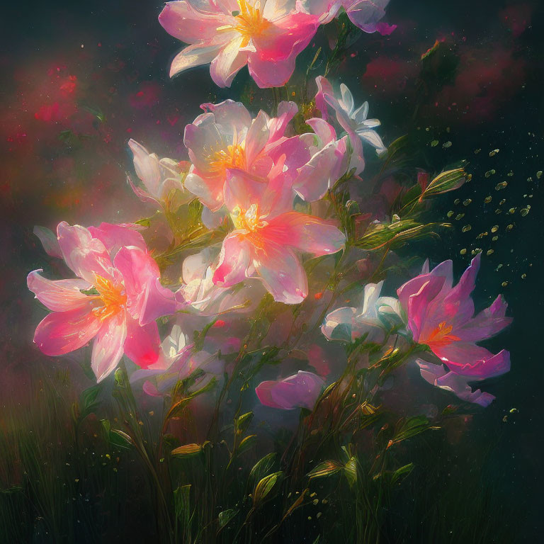 Pink Flowers in Warm Sunlight on Dark Background with Golden Particles