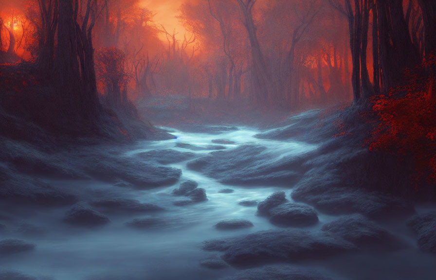 Enchanting forest scene with glowing stream and misty trees