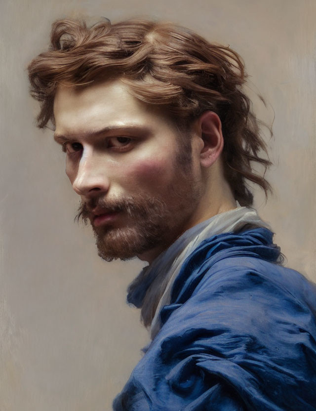 Man with Wavy Brown Hair and Beard in Blue Shirt Portrait