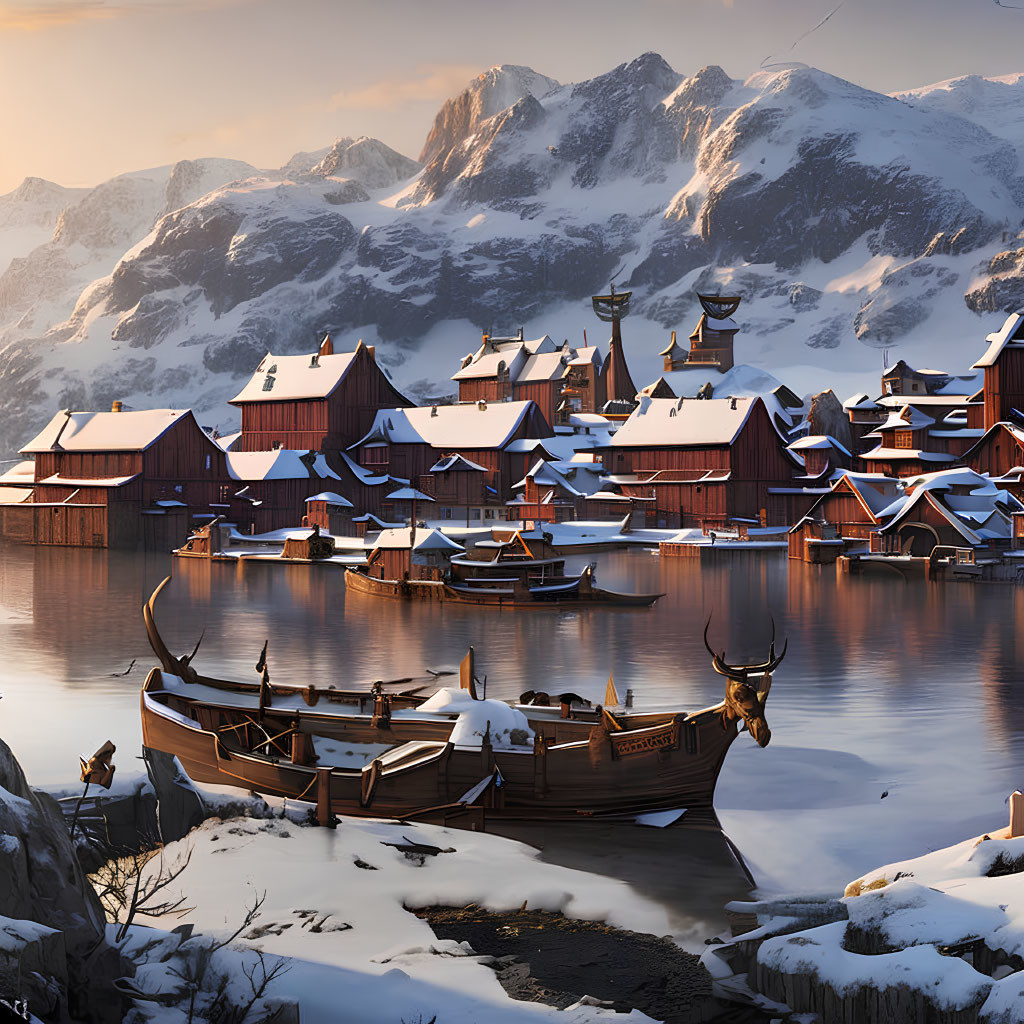 Snow-covered Viking village with longboats near lake and mountains at sunset