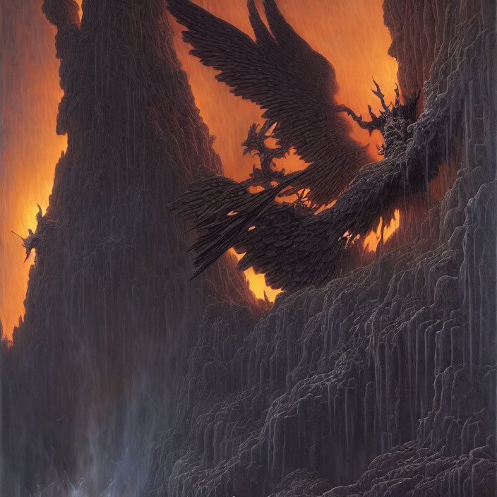 Black eagle flying against fiery orange backdrop with rocky cliffs and waterfalls.