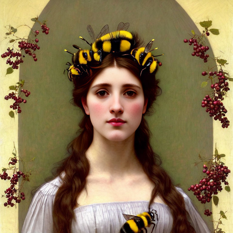 Woman with Braided Hair and Bees on Pastel Background