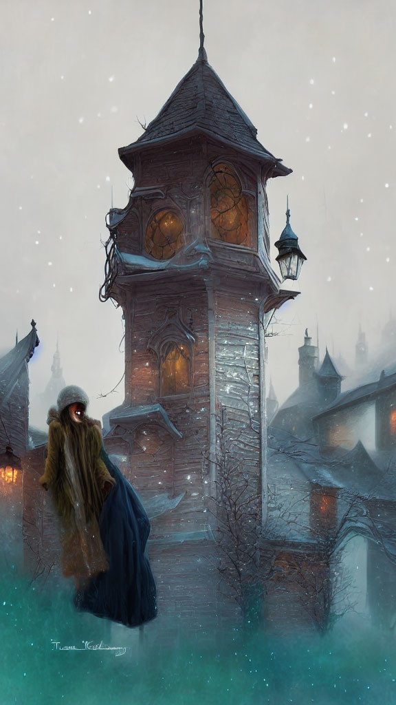 Person in Blue Cloak Stands by Snow-Covered Clock Tower at Twilight