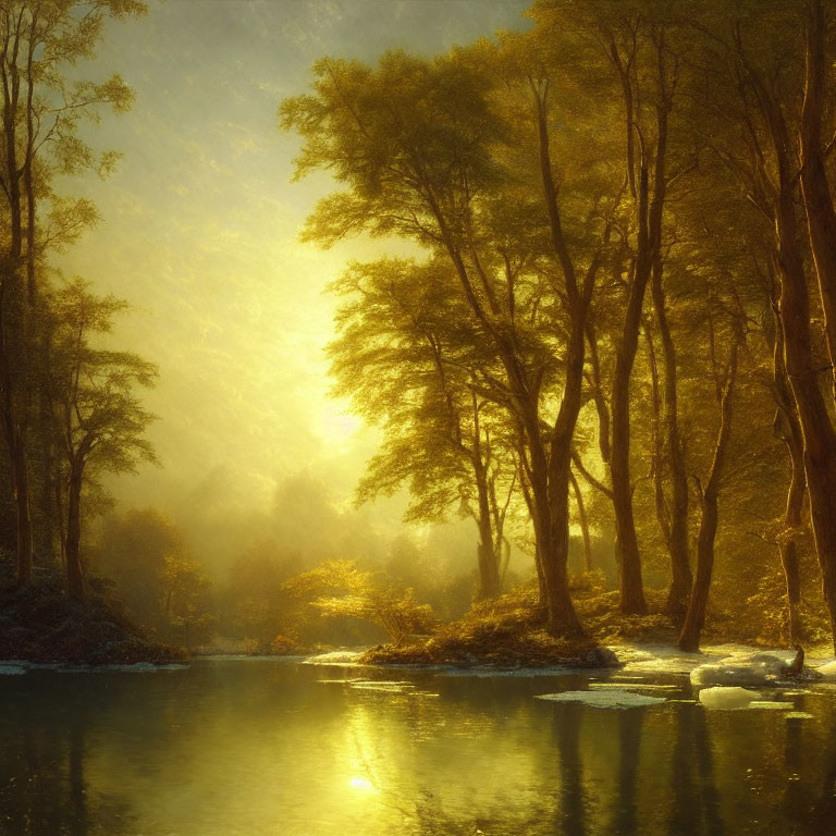 Tranquil Forest Landscape with Sunlight, River, and Mist