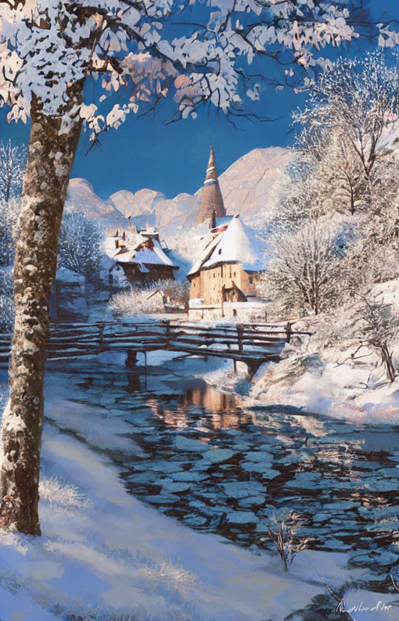 Snow-covered chapel by river with mountains in winter landscape