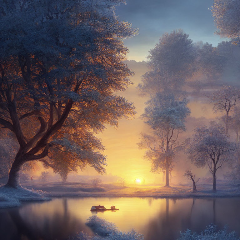 Misty river sunrise with frosted trees and boat