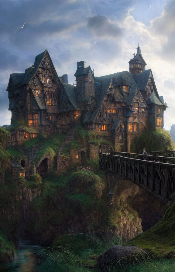 Fantasy-style grand house on lush cliff with turrets and figure on bridge