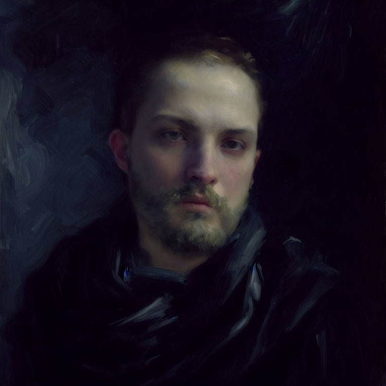 Bearded Man in Dark Attire with Thoughtful Expression