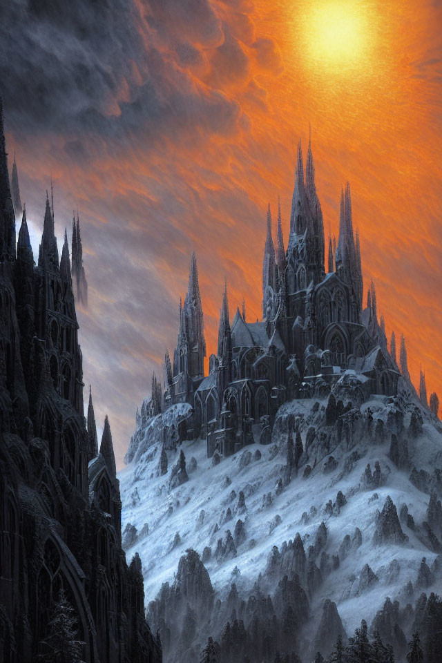 Gothic snow-covered castle under fiery sky with orange glow