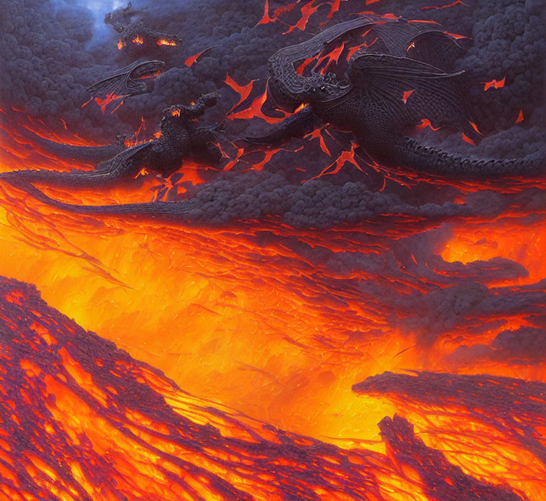 Dragons flying over fiery lava landscape with molten streams