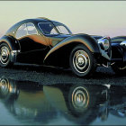 Sleek Blue Futuristic Car Reflecting City Skyline