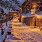 Snow-covered street at dusk with solitary figure and warm streetlights