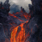 Volcanic landscape with lava waterfalls and dark cliffs