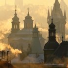 Medieval cityscape at sunrise with Gothic cathedrals, stone bridge, and golden-hued