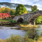 Tranquil river and thatched-roof cottages in lush landscape