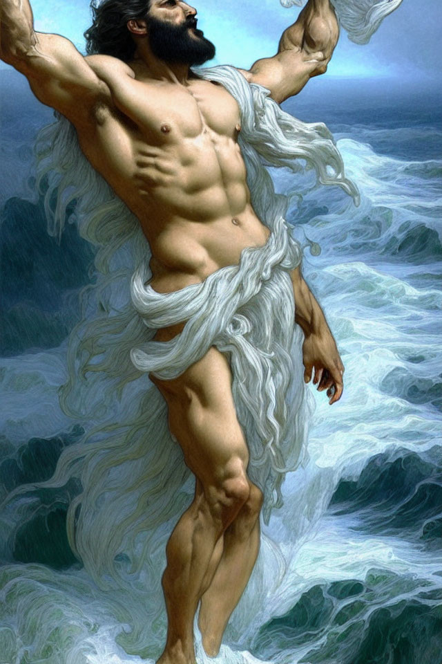 Bearded man with white hair in loincloth against stormy sea waves