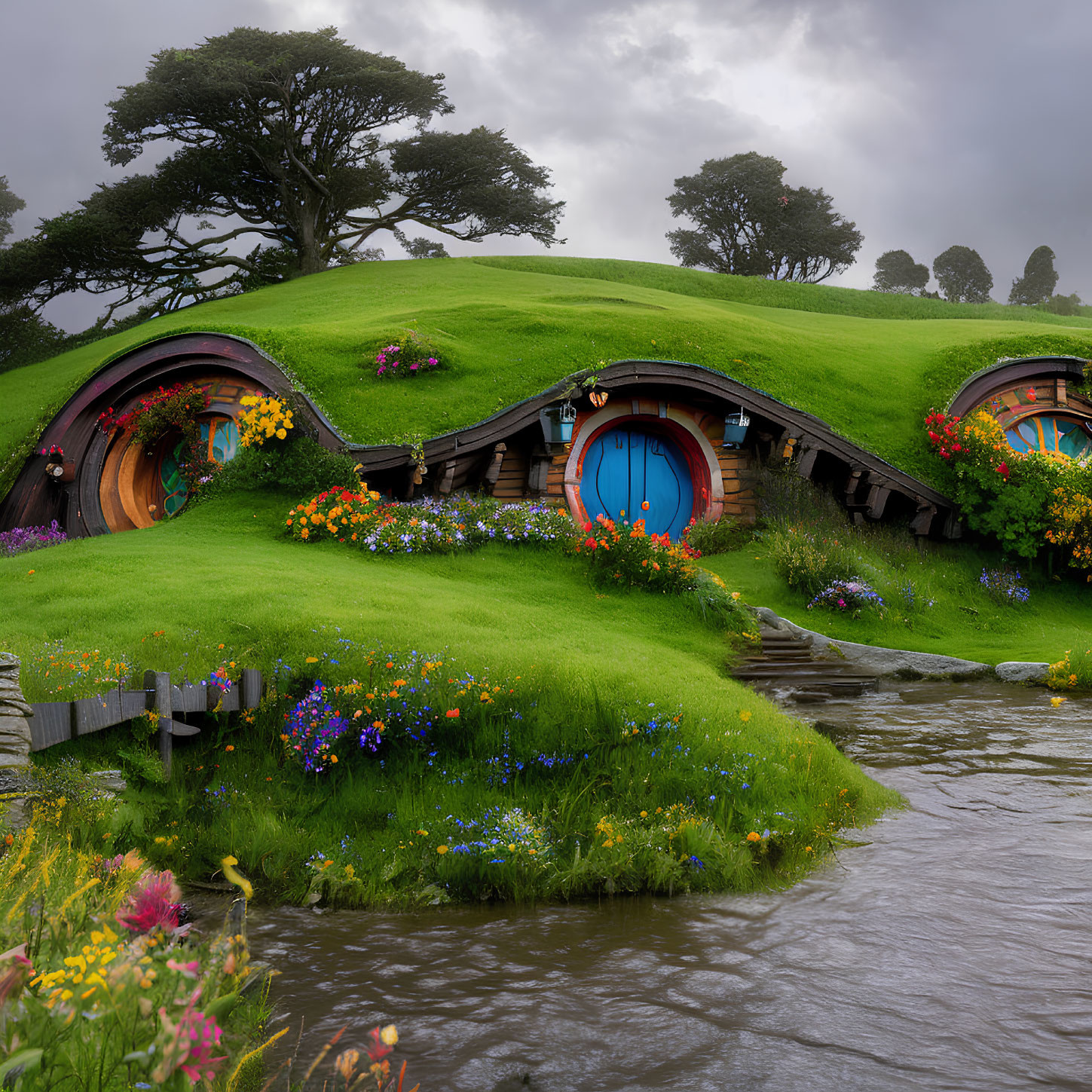 Green rolling hills with vibrant flowers and charming round doors in a fantasy setting