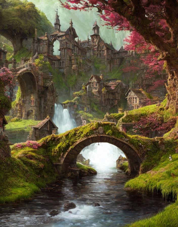 Tranquil fantasy landscape with ancient stone bridge, waterfalls, and vibrant pink trees