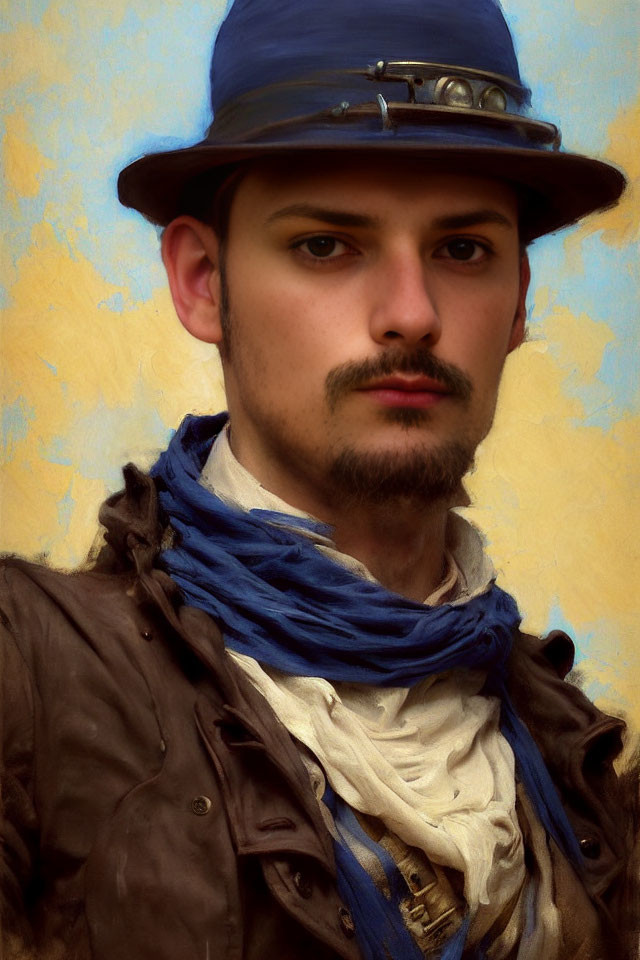 Man with Mustache in Blue Hat, Scarf & Brown Coat on Yellow Background