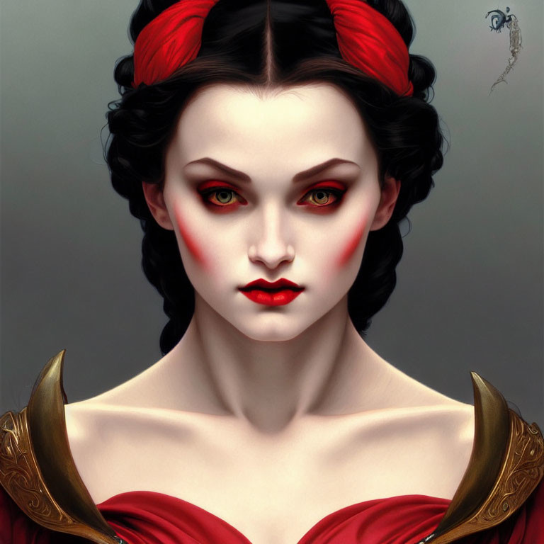 Digital artwork of woman with pale skin, green eyes, red & black updo, red dress with