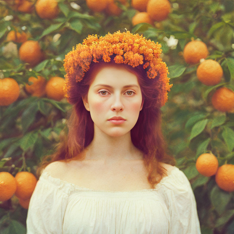 Woman in floral crown near orange tree with serene gaze.