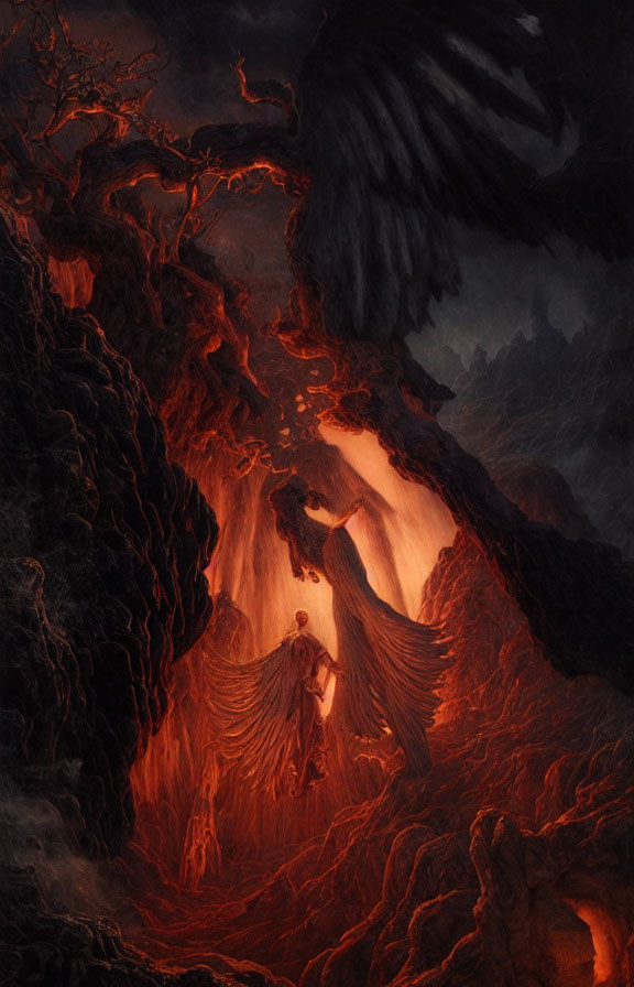 Winged figure in fiery volcanic landscape with lava and dark cliffs